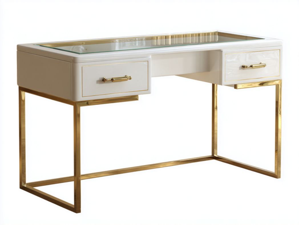 Bureau blanc avec plateau en verre trempé et cadre en métal doré