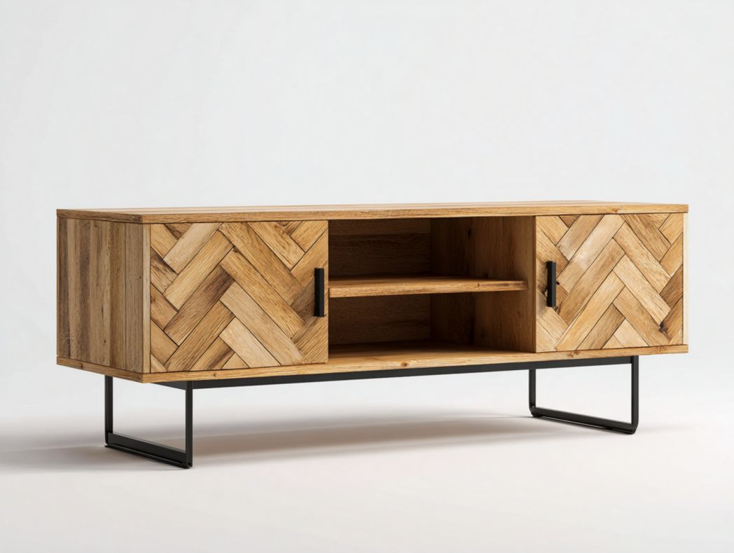 Meuble TV en bois naturel avec portes à chevrons et base en métal noir