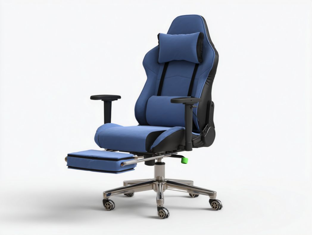 Chaise de bureau bleue et noire avec dossier haut et repose-pieds rétractable