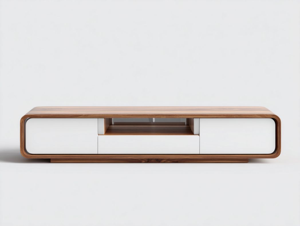 Meuble TV bas en noyer avec tiroirs blancs et coins arrondis