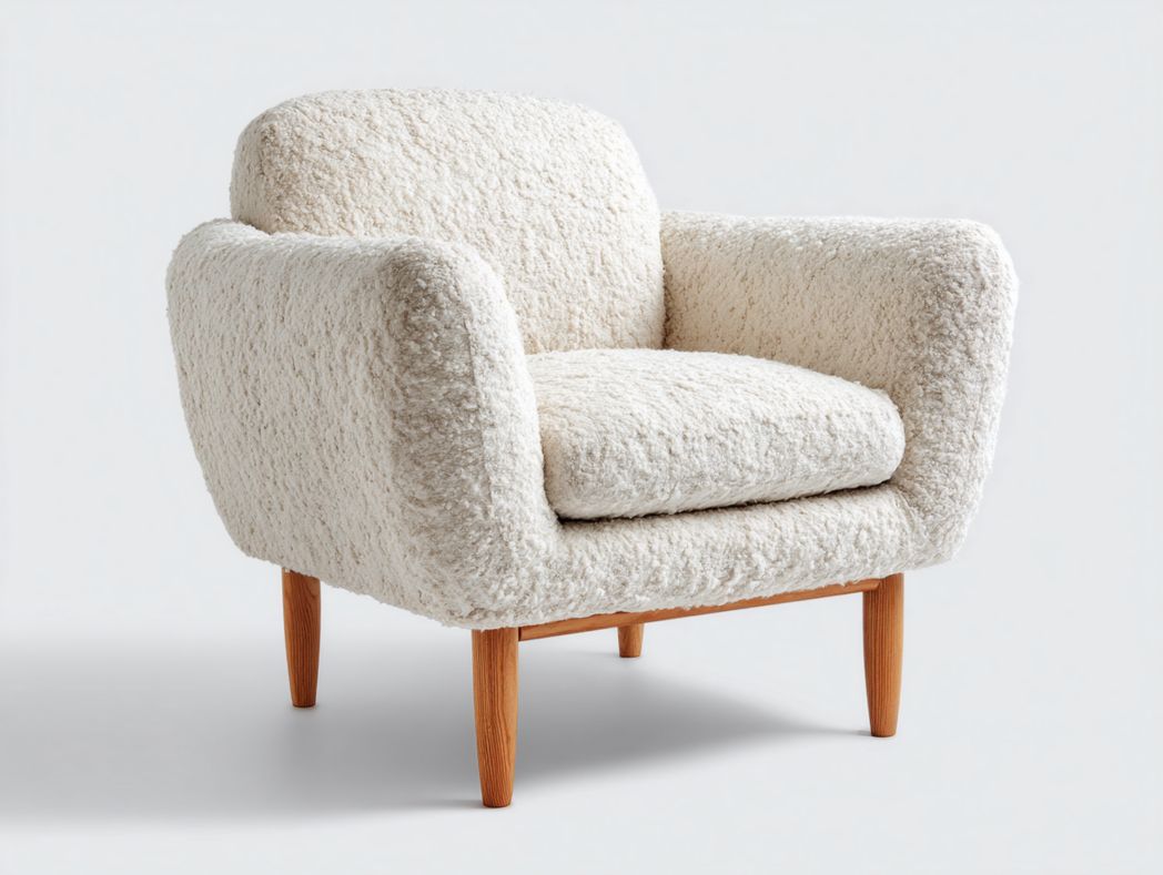 Fauteuil simple en peau de mouton beige avec pieds en bois naturel