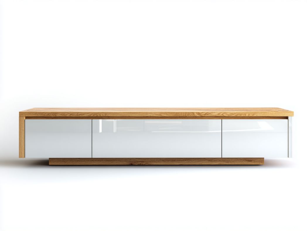 Meuble TV avec plateau en bois et 3 tiroirs en blanc brillant