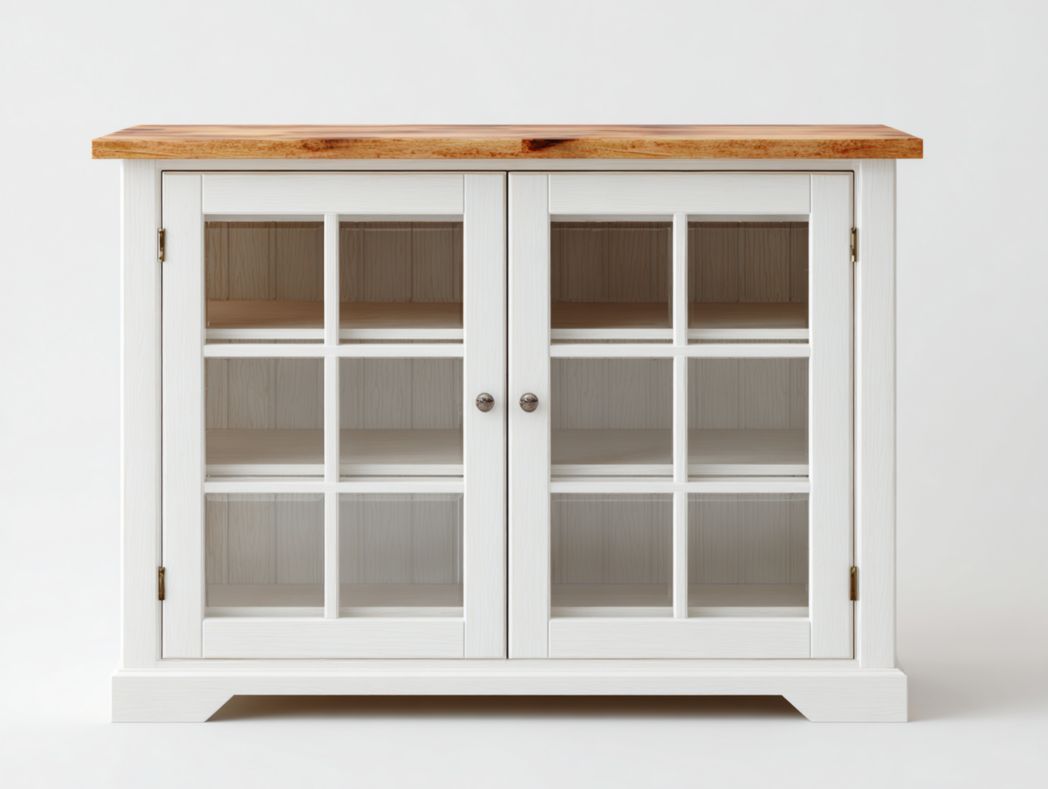 Vitrine basse blanche avec plan de travail en bois naturel et portes vitrées