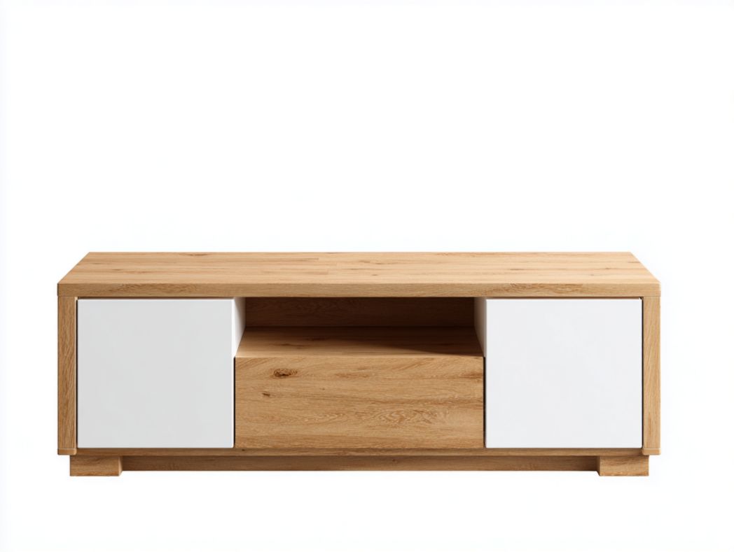 Meuble TV en bois naturel avec portes blanches et étagères ouvertes