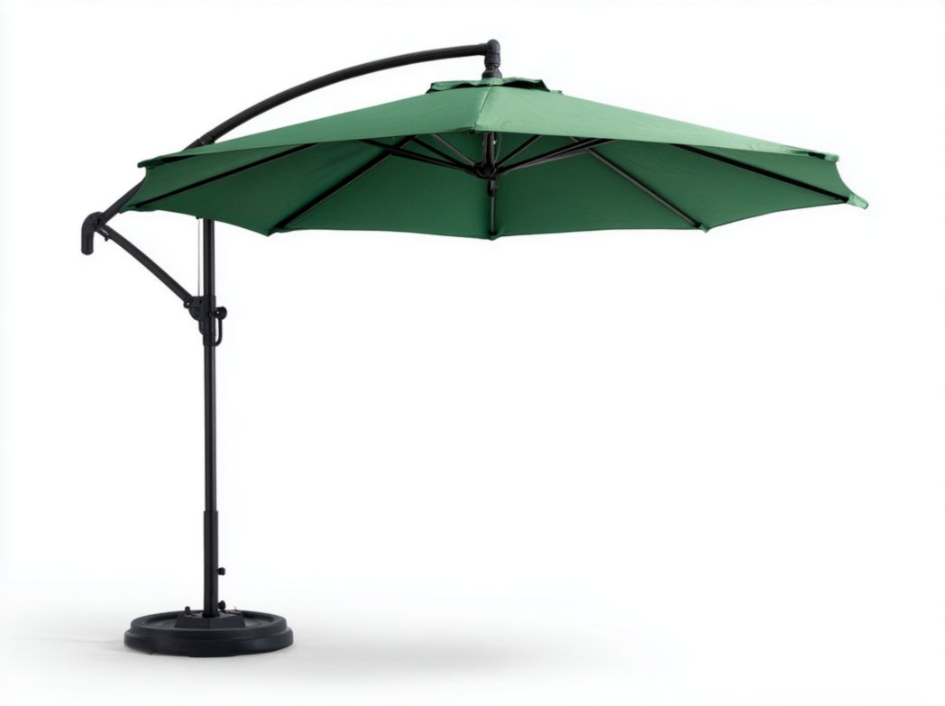 Parasol déporté octogonal, toile polyester vert foncé, armature en acier noir thermolaqué, base ronde