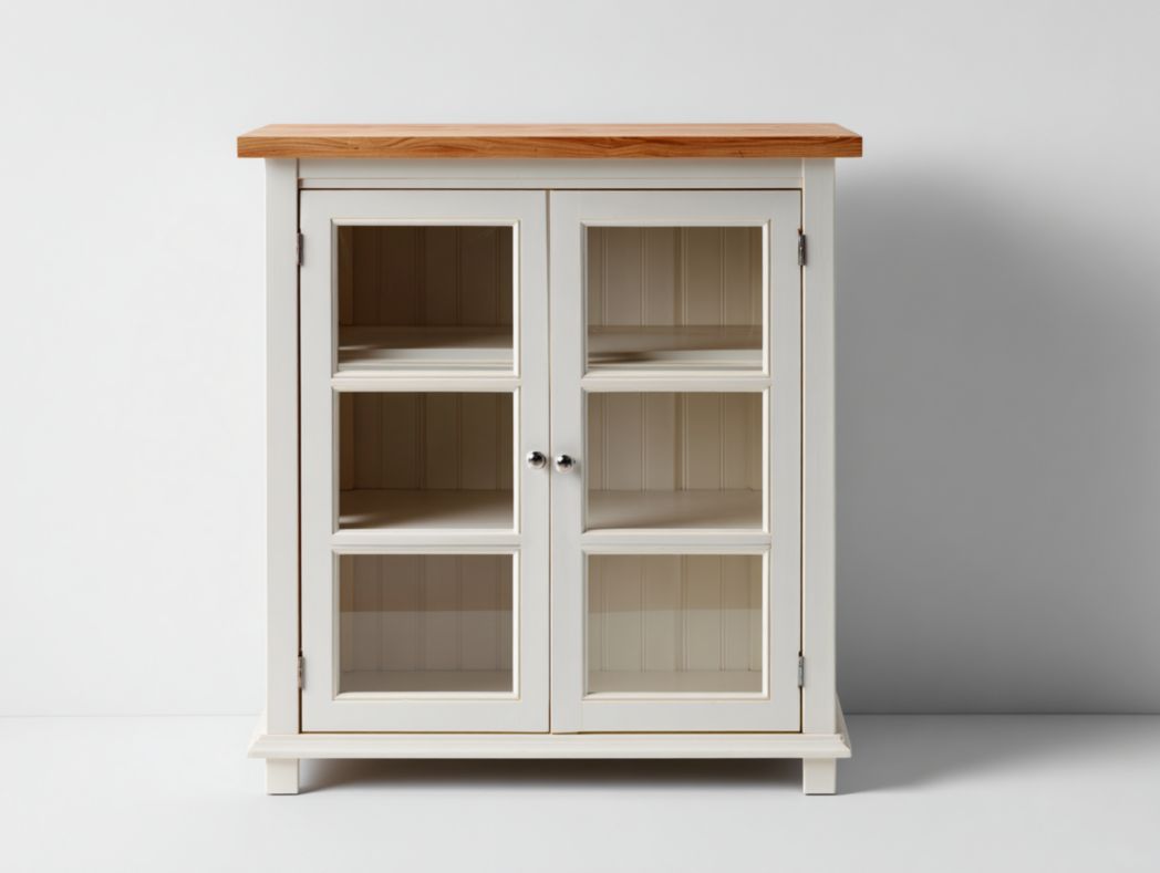 Vitrine ivoire avec plateau naturel et portes vitrées