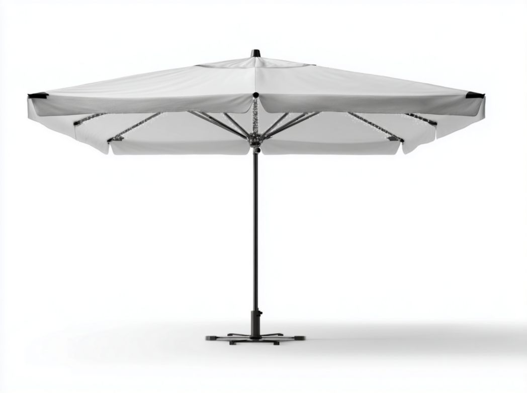 Parasol central carré, toile polyester gris clair, armature en acier noir thermolaqué, ouverture à manivelle