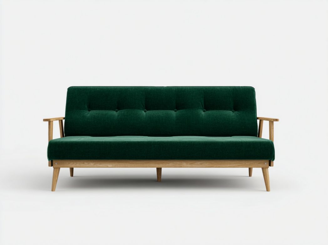 Canapé-lit en tissu vert avec boutons décoratifs et cadre en bois