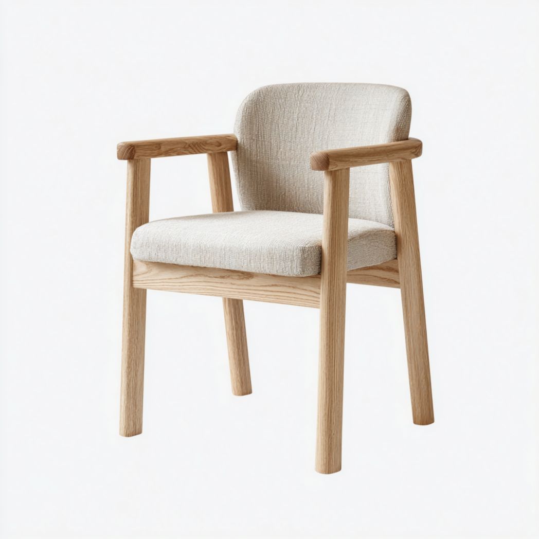 Fauteuil en bois massif couleur naturelle avec assise et dossier en tissu beige