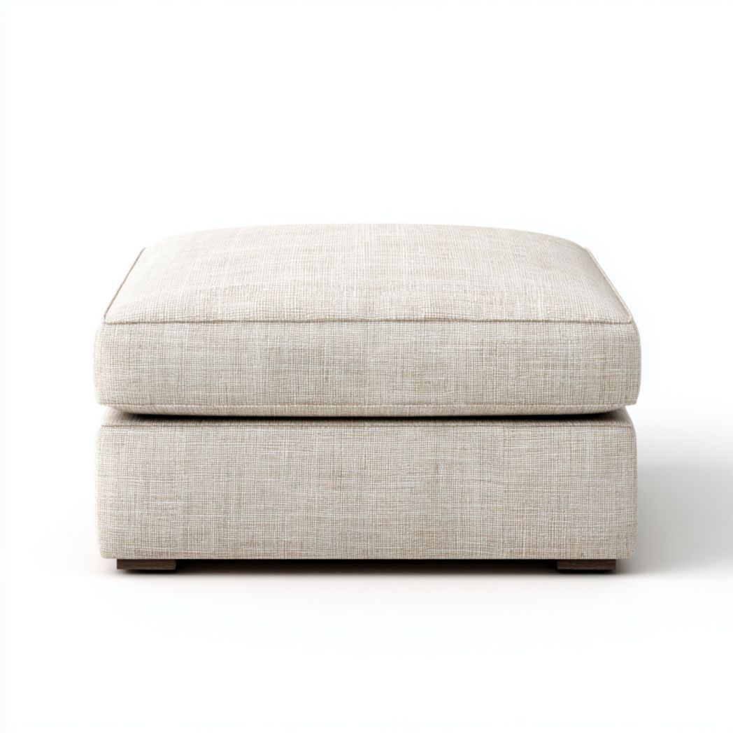 Pouf carré en tissu beige clair avec double coussin et base en bois basse