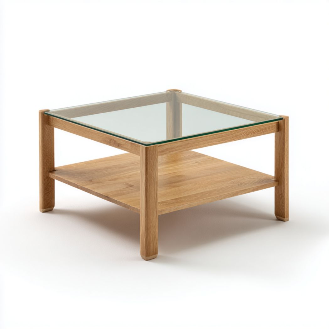 Table basse carrée en bois massif avec plateau en verre et étagère ouverte