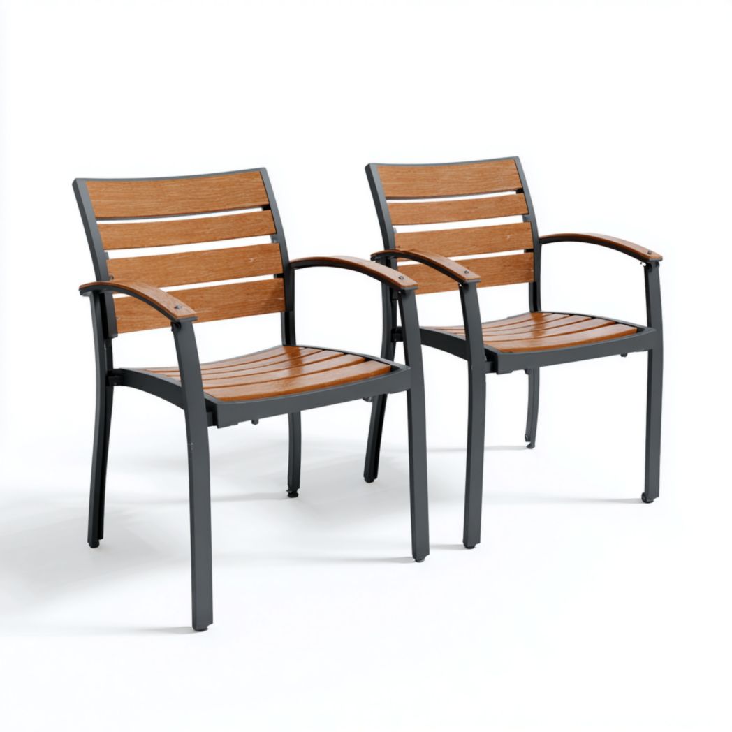 Lot de 2 fauteuils de jardin en métal et bois dossier à lattes horizontales sans coussin