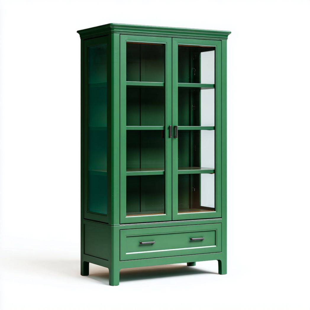 Armoire en bois vert à deux portes vitrées avec tiroir