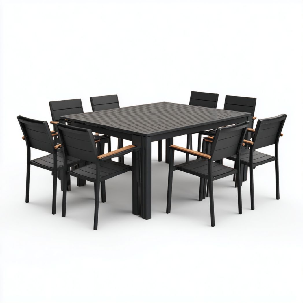 Ensemble de jardin en aluminium noir, 1 table rectangulaire avec 8 chaises à accoudoirs effet bois sans coussin