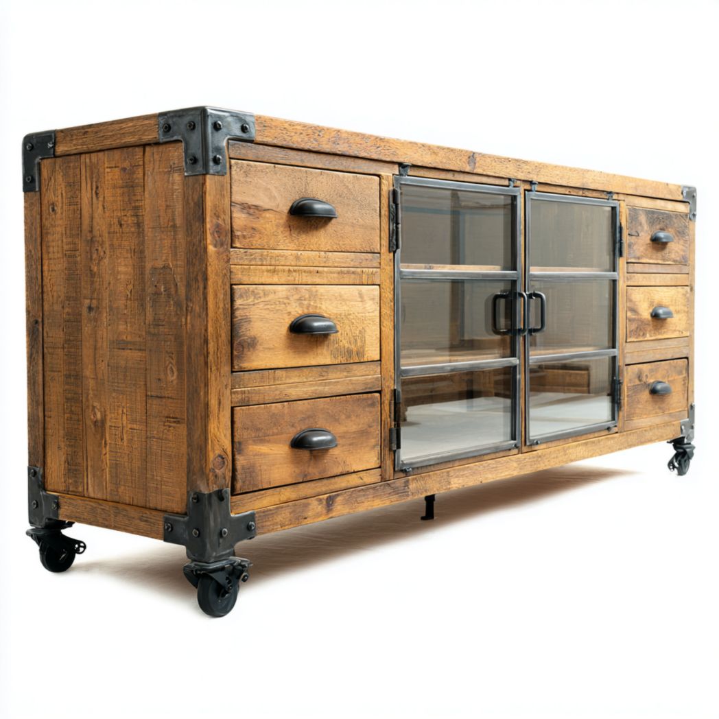 Commode en bois finition naturelle, six tiroirs et deux portes vitrées, avec roulettes