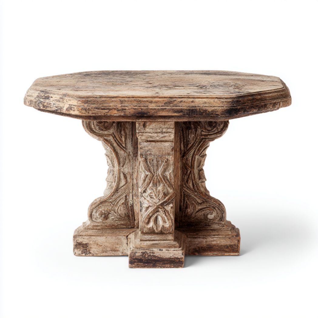 Table d'appoint octogonale en bois sculpté, couleur bois naturel