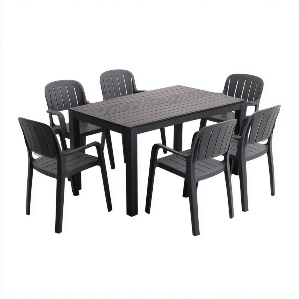 Ensemble de salle à manger de jardin en aluminium, 1 table rectangulaire à lattes avec 6 chaises à accoudoirs