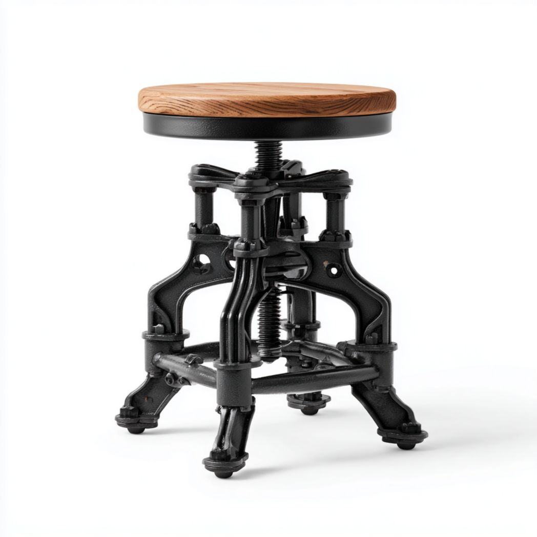 Tabouret rond avec assise en bois et structure métallique noire réglable en hauteur