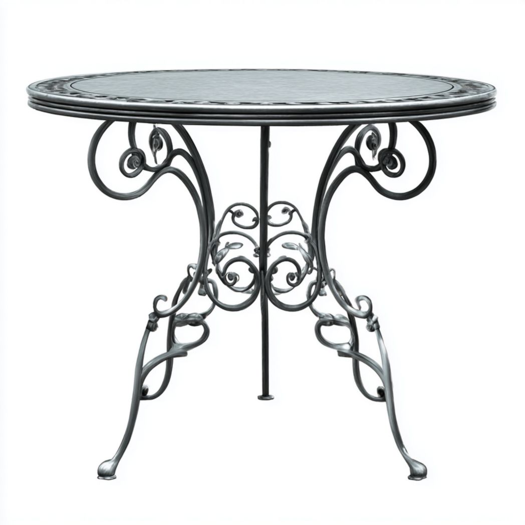 Table de jardin, plateau rond en métal noir + piètement ornementé ajouré