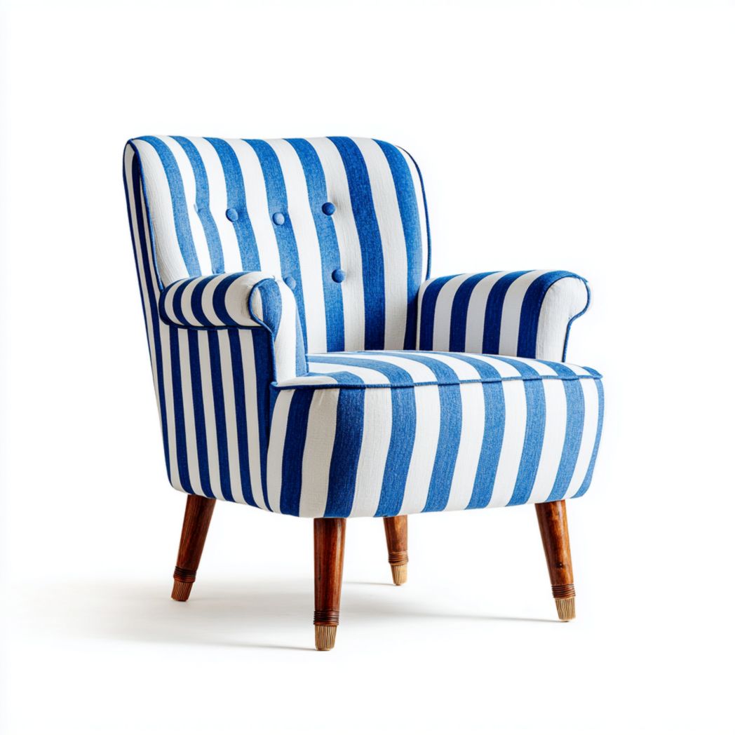Fauteuil à rayures bleu et blanc avec pieds en bois