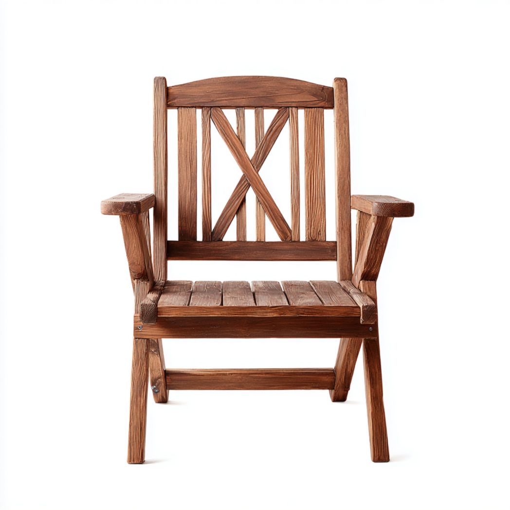 Fauteuil de jardin, structure en bois massif brun, sans coussin, accoudoirs droits et dossier croisé