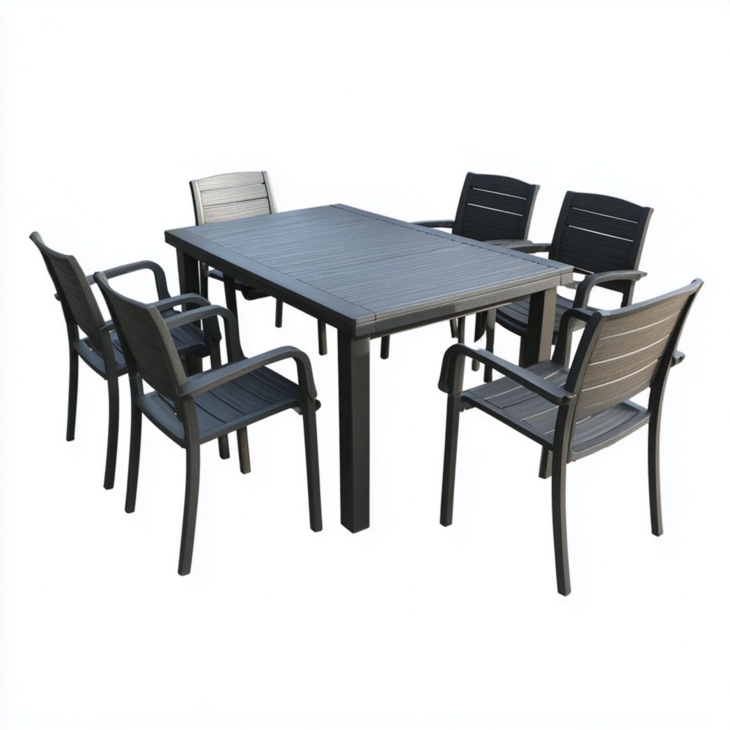 Ensemble de jardin en résine gris et noir, table rectangulaire et 6 chaises