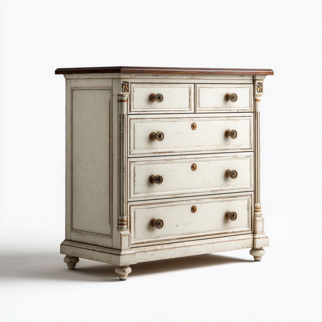 Commode en bois massif finition blanc vieilli avec cinq tiroirs et plateau brun