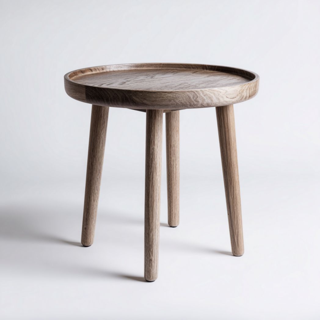 Table d'appoint ronde en bois, bois massif naturel clair, structure à quatre pieds