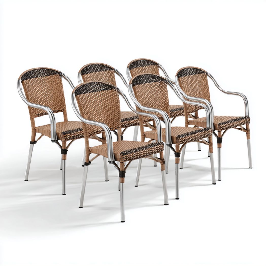 Lot de fauteuils de jardin en métal et rotin synthétique, bicolore brun et noir, sans coussin, ensemble de six