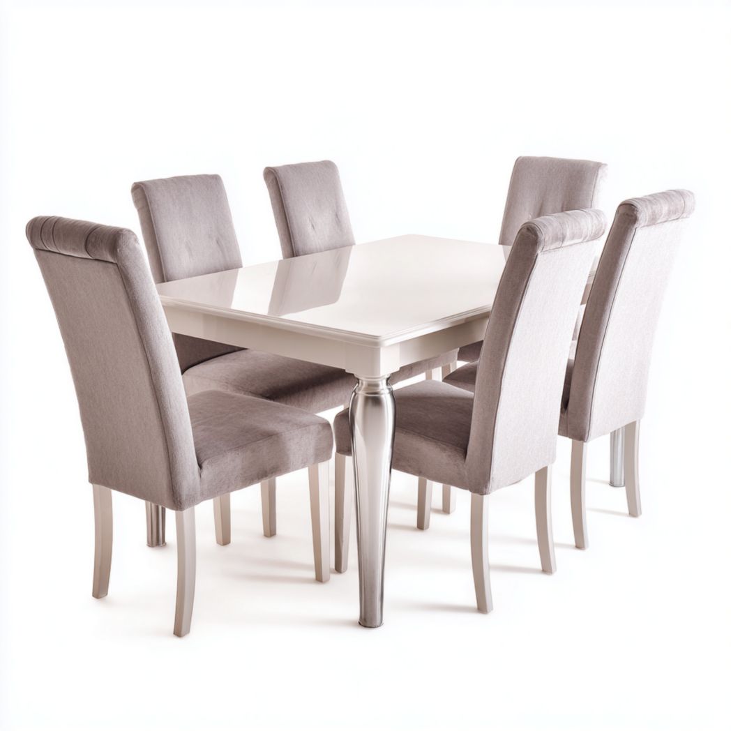 Ensemble de jardin en aluminium blanc, 1 table rectangulaire avec 6 chaises rembourrées