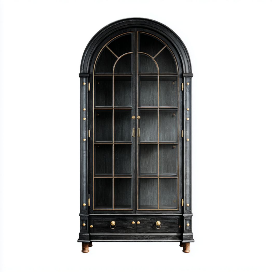 Armoire à double porte en verre arquée en bois noir avec tiroirs et cinq compartiments de rangement