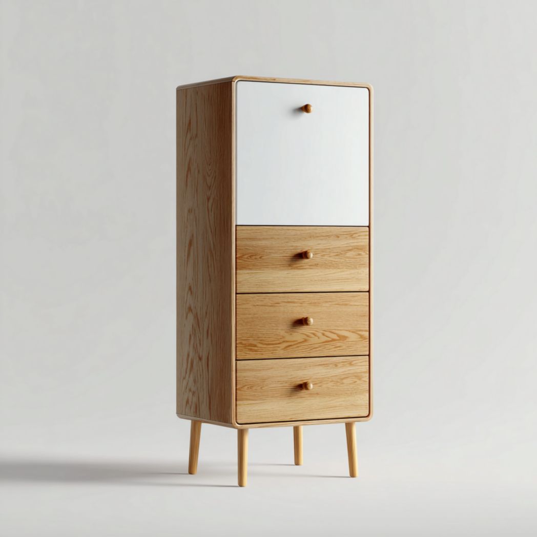 Armoire verticale en bois clair avec une porte, trois tiroirs et quatre espaces de rangement