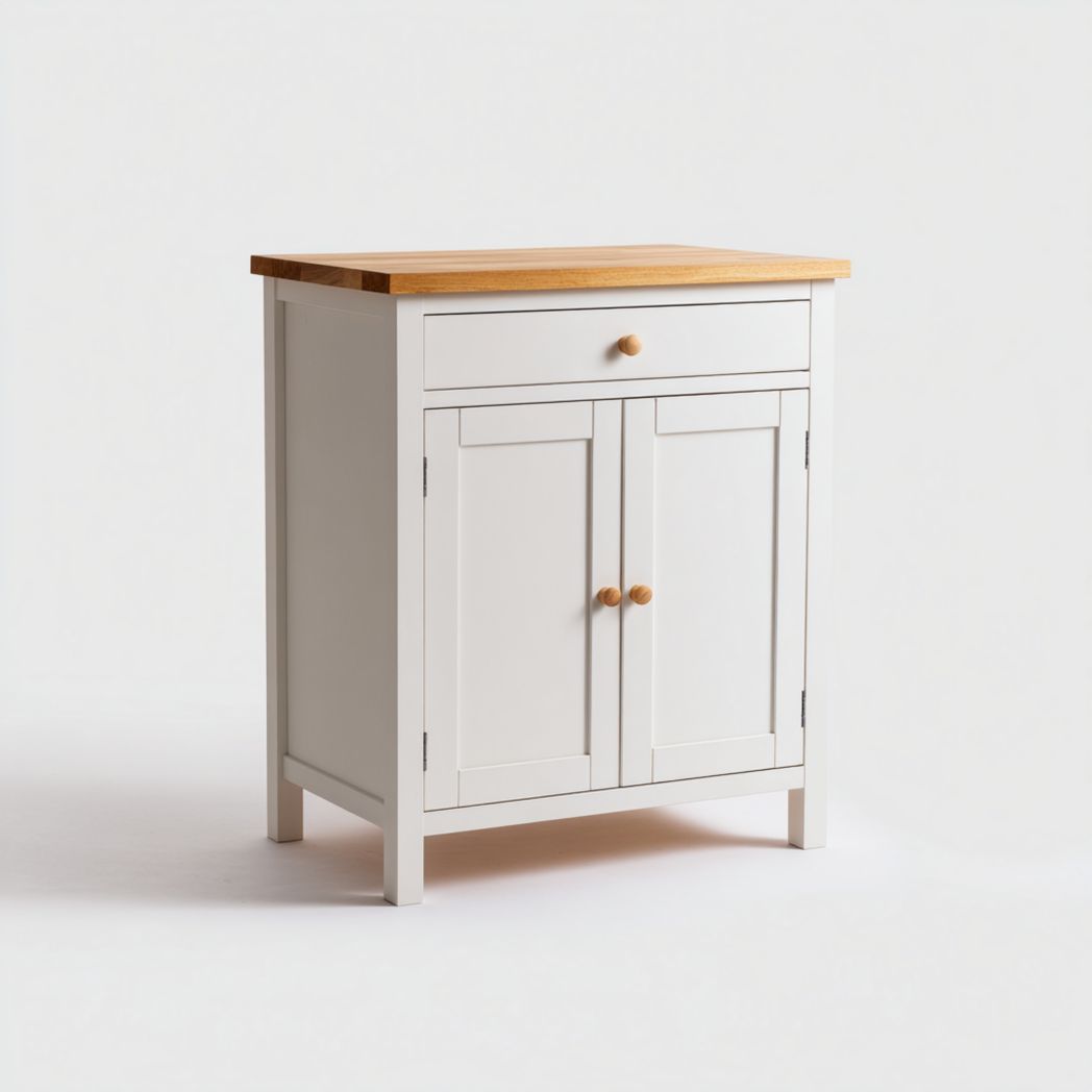 Armoire en bois blanc à deux portes et un tiroir avec plateau couleur bois naturel