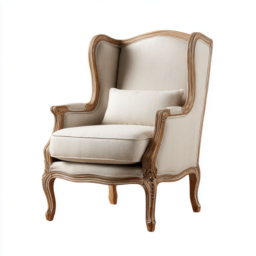 Fauteuil à dossier haut en tissu beige avec cadre en bois massif et coussin