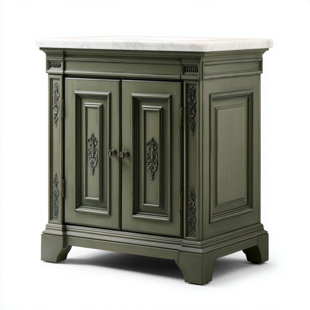 Armoire en bois vert à deux portes avec plateau en marbre