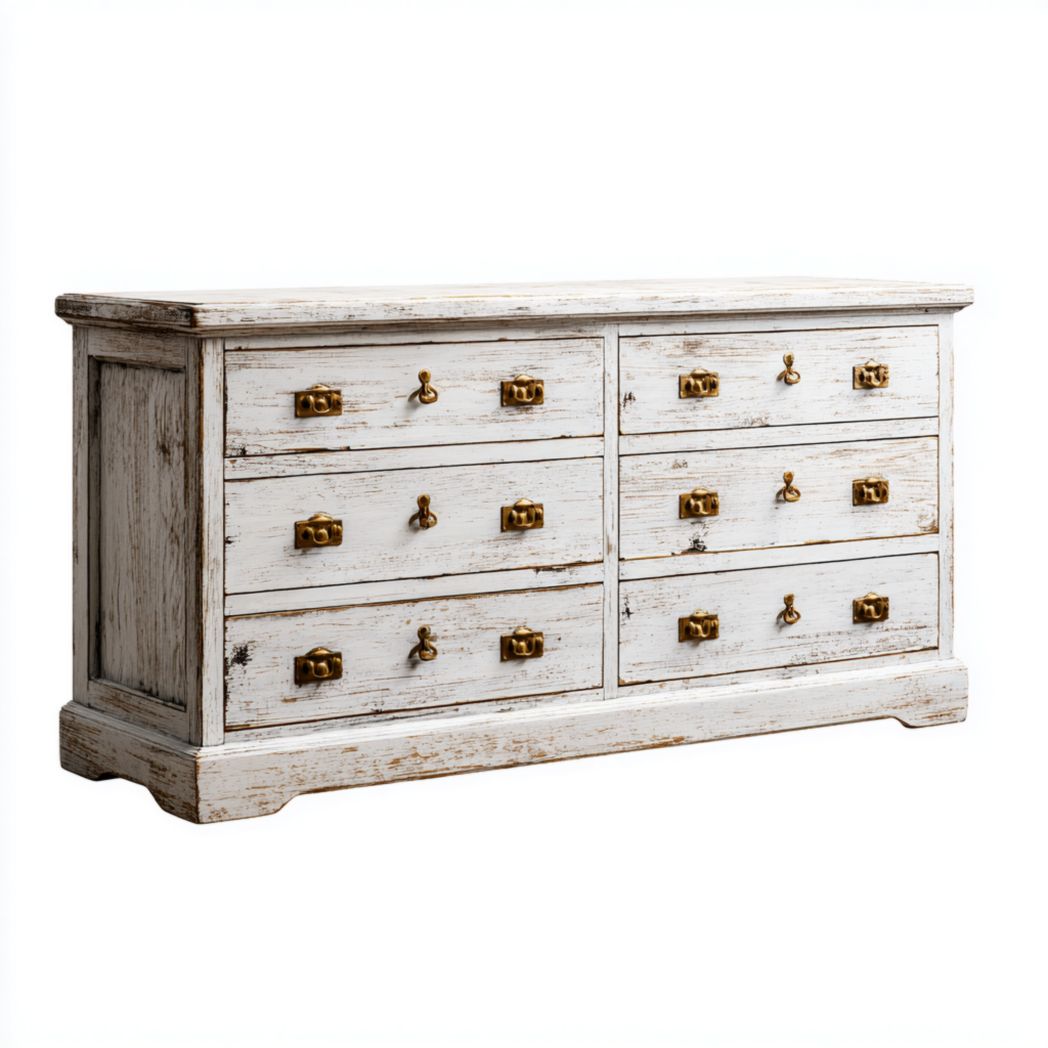 Commode en bois massif avec finition blanche vieillie, six tiroirs et poignées en métal