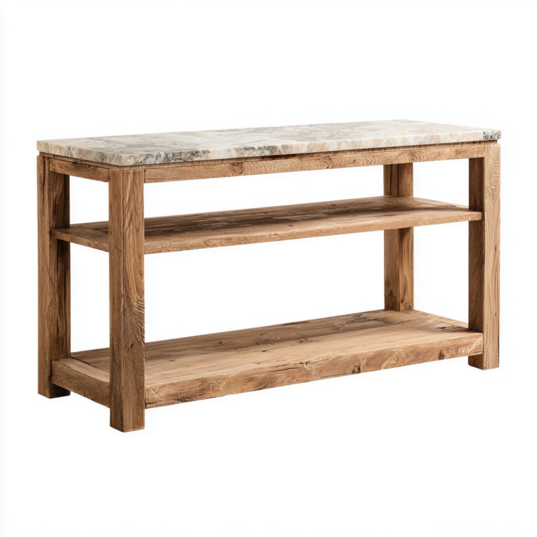 Console rectangulaire en bois massif avec plateau en marbre et deux étagères ouvertes