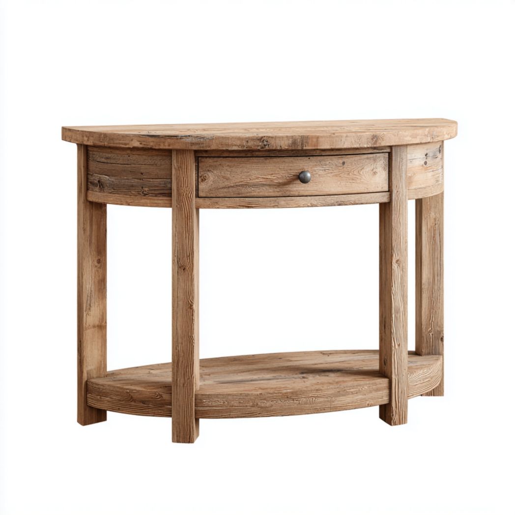 Console en bois massif demi-ronde avec tiroir et étagère inférieure