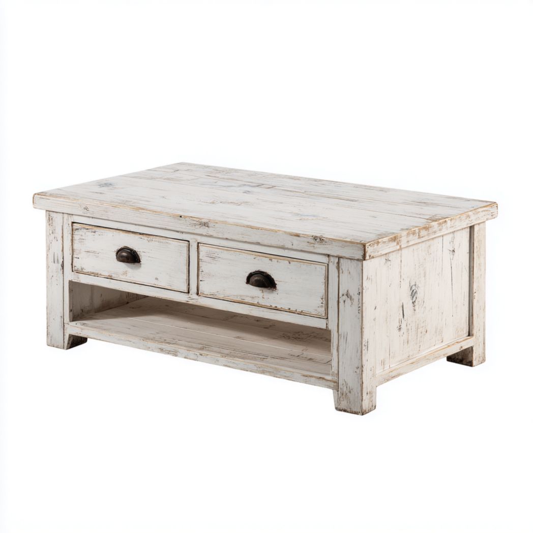 Table basse rectangulaire en bois blanc vieilli avec deux tiroirs