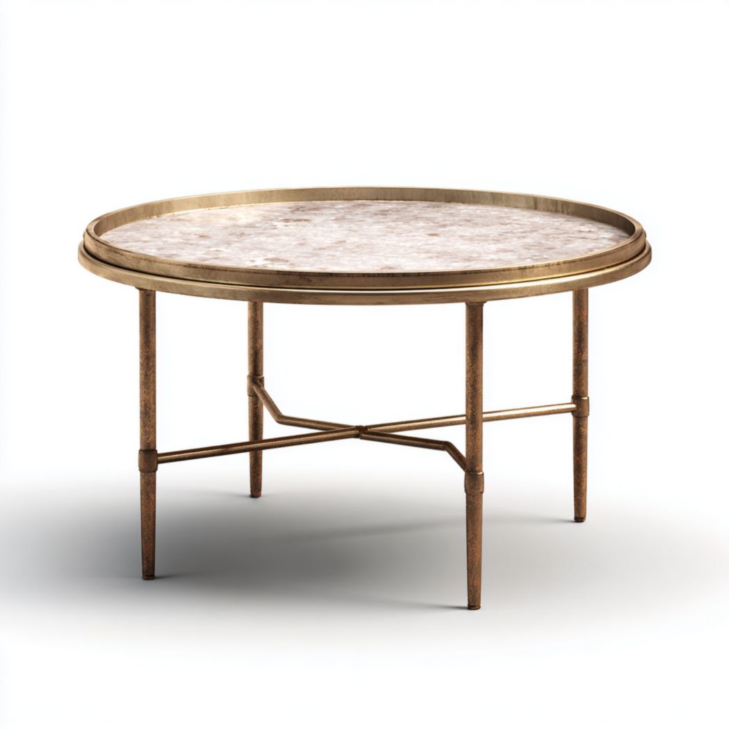 Table basse ronde avec plateau en marbre et structure en métal bronze