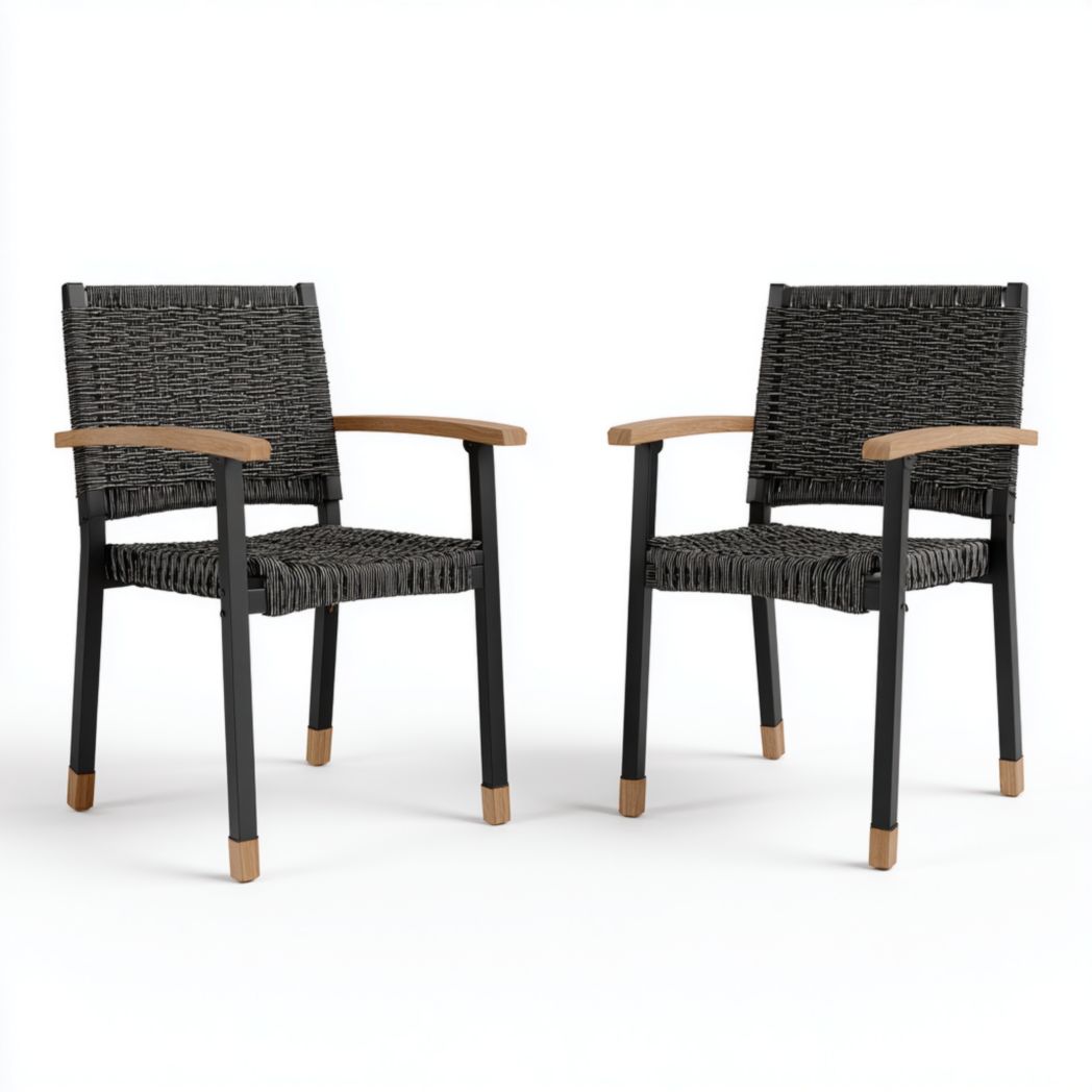 Lot de 2 fauteuils de jardin en tressage noir avec accoudoirs en bois et structure métallique
