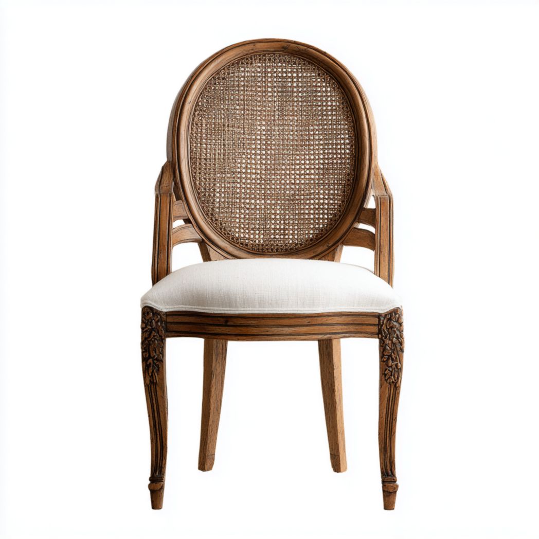 Chaise en bois sculpté avec dossier rond en rotin et assise en tissu écru