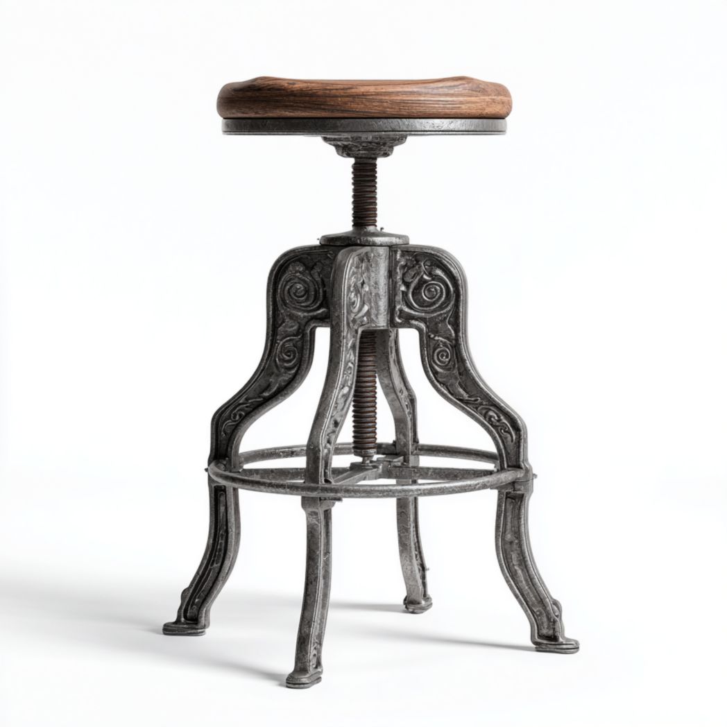 Tabouret rond avec assise en bois et piètement métallique sculpté gris foncé