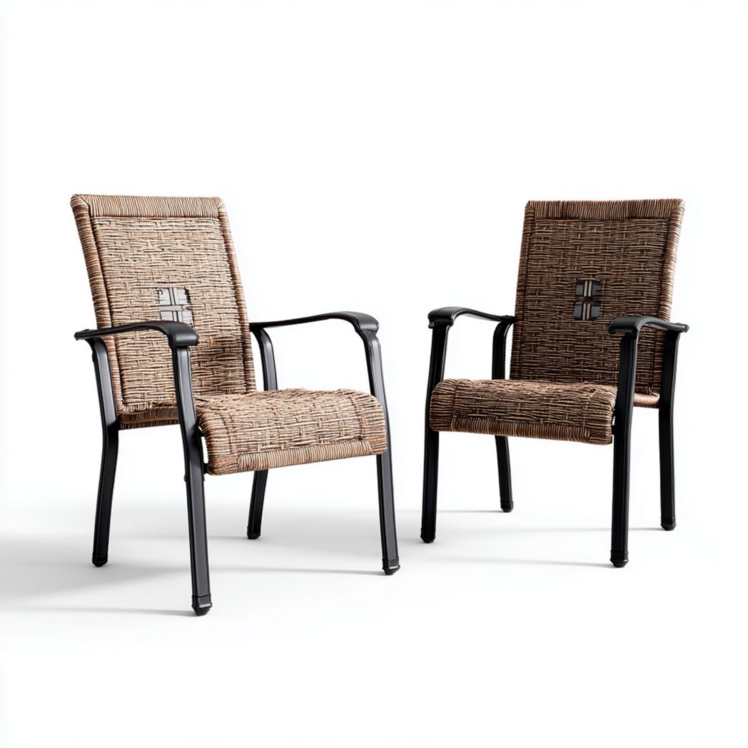 Fauteuils de jardin, assises tressées effet rotin brun + structure métallique noire (lot de 2)