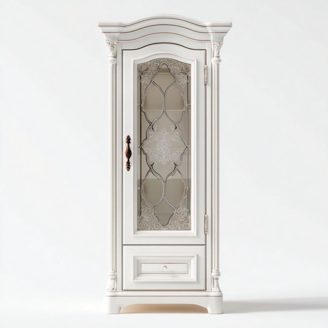 Armoire en bois blanc à une porte vitrée sculptée avec tiroir de rangement