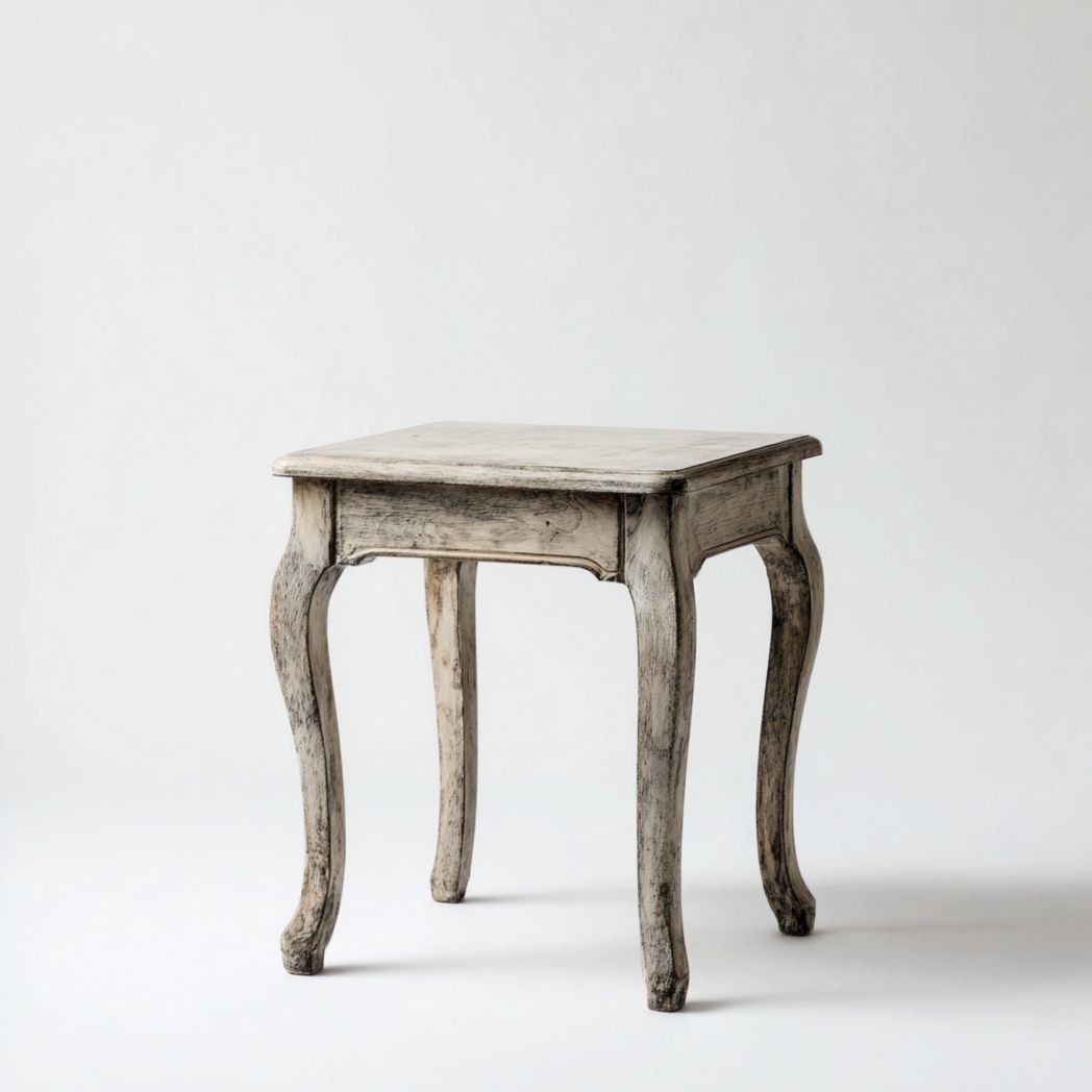 Table d'appoint carrée en bois, blanc cassé vieilli, avec pieds courbés