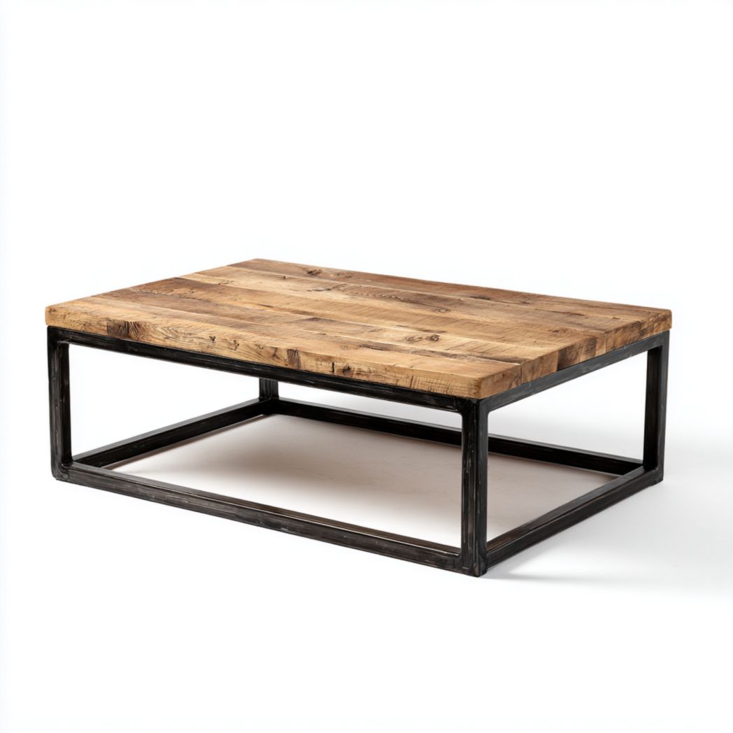 Table basse rectangulaire en bois avec structure en métal noir