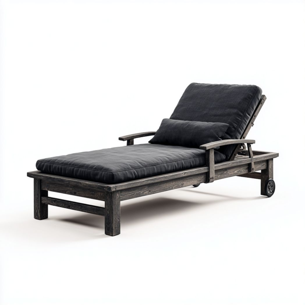 Bain de soleil simple en bois foncé, coussin noir avec dossier réglable et accoudoirs