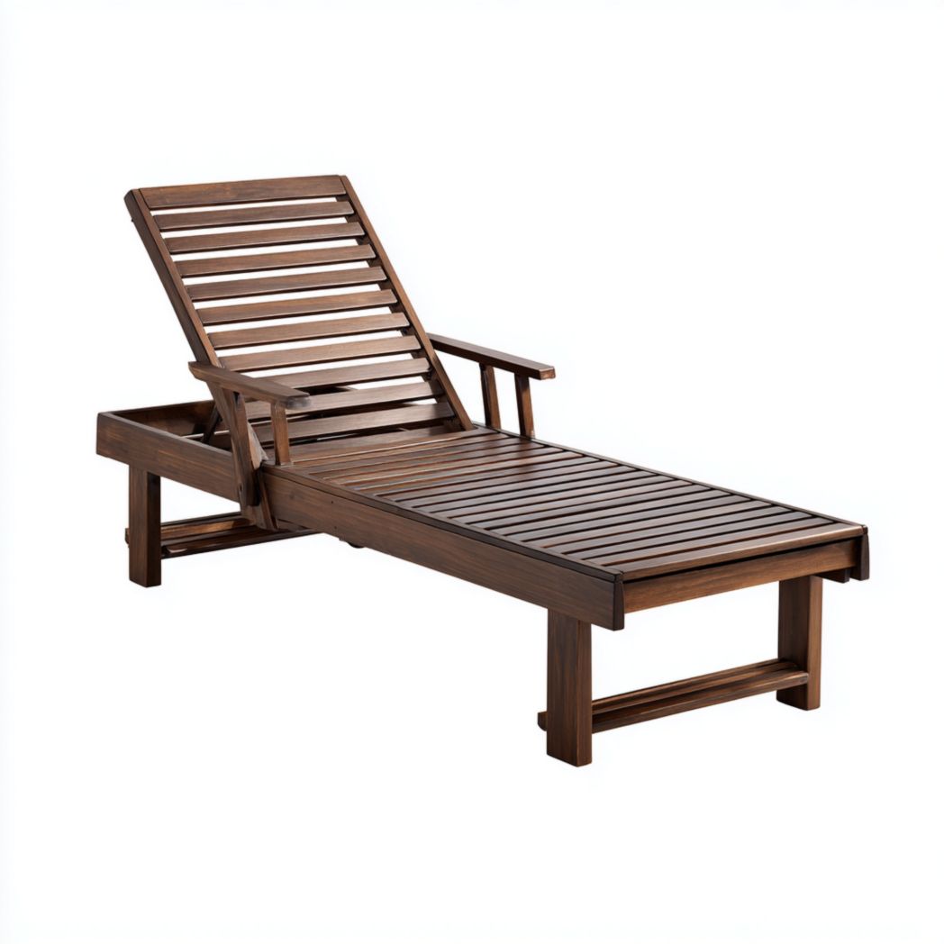 Bain de soleil en bois, finition brun foncé, design rectangulaire à lattes, sans coussin