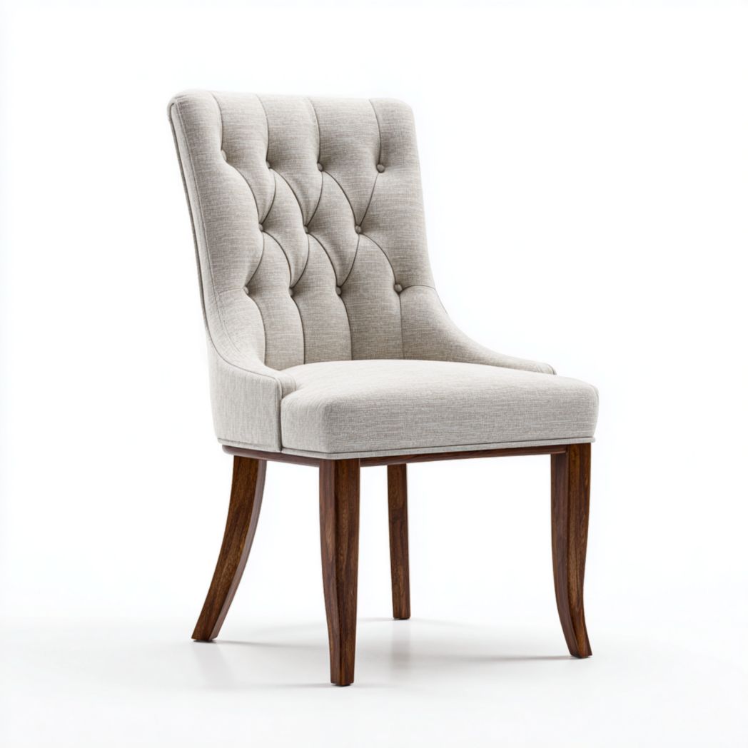 Chaise en bois massif avec dossier haut capitonné et pieds courbés en tissu gris beige